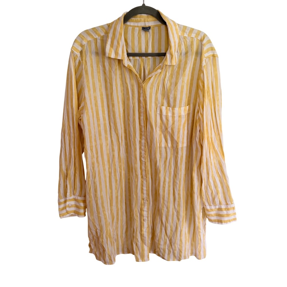 Aerie Butter Yellow Striped‎ Button Down Shirt Long Sleeve Medium Beach Summer